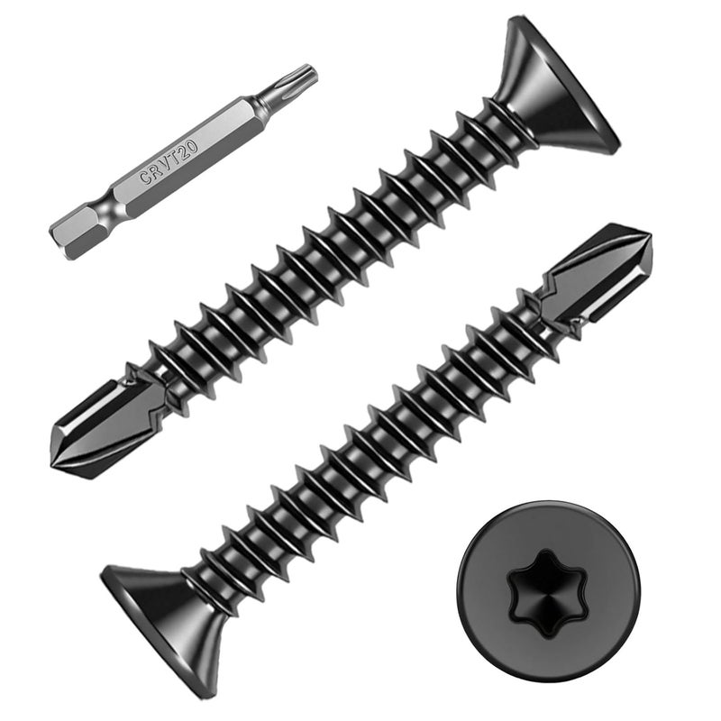 HanTof 100Pcs Torx Drive High-Strength Quick Tapping Screws for Metal, Black #8 x 1-1/2" Flat Head Self Drilling Screws, 410 Stainless Steel Sheet Metal TEK Screws Assortment with 1 Pcs T20 Bits - Image 1